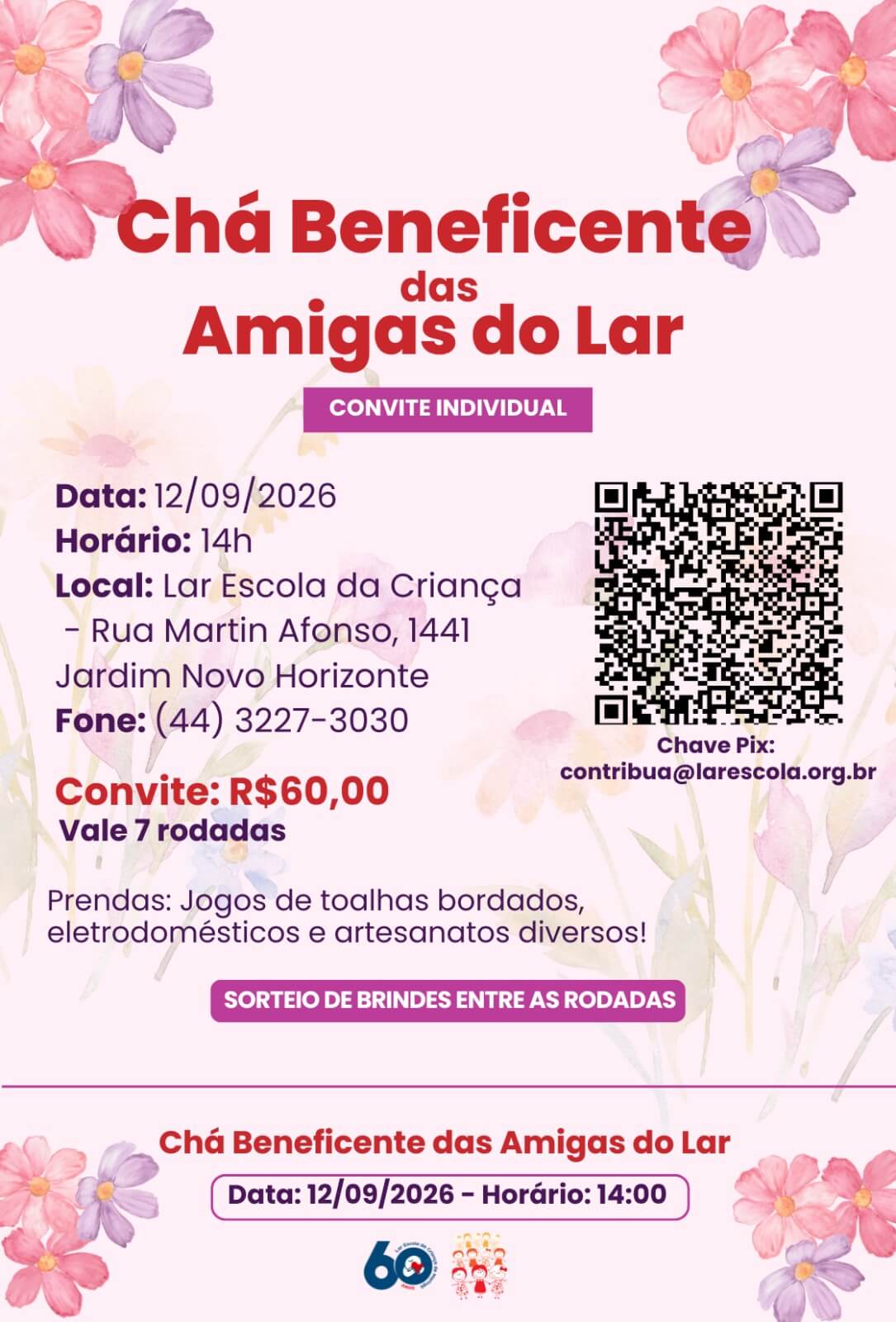 Capa de post: Participe de um chá da tarde com rodadas de prêmios em prol do Lar Escola da Criança de Maringá  