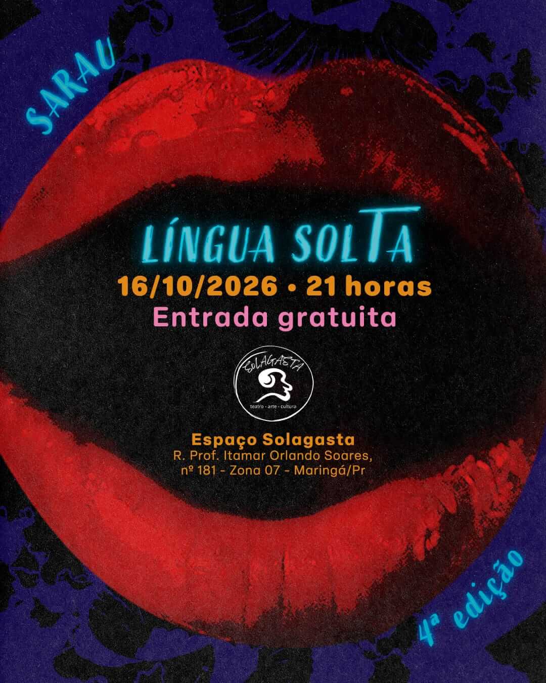 Capa de post: Sarau Língua Solta chega à 4ª edição em Maringá com poesia, música e erotismo, e entrada gratuita
